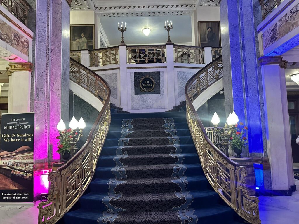 the grand staircase in the Seelbach Hotel lobby in Louisville Kentucky