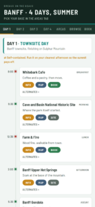 The Banff interactive travel guide open on a phone, showing the day-by-day plan