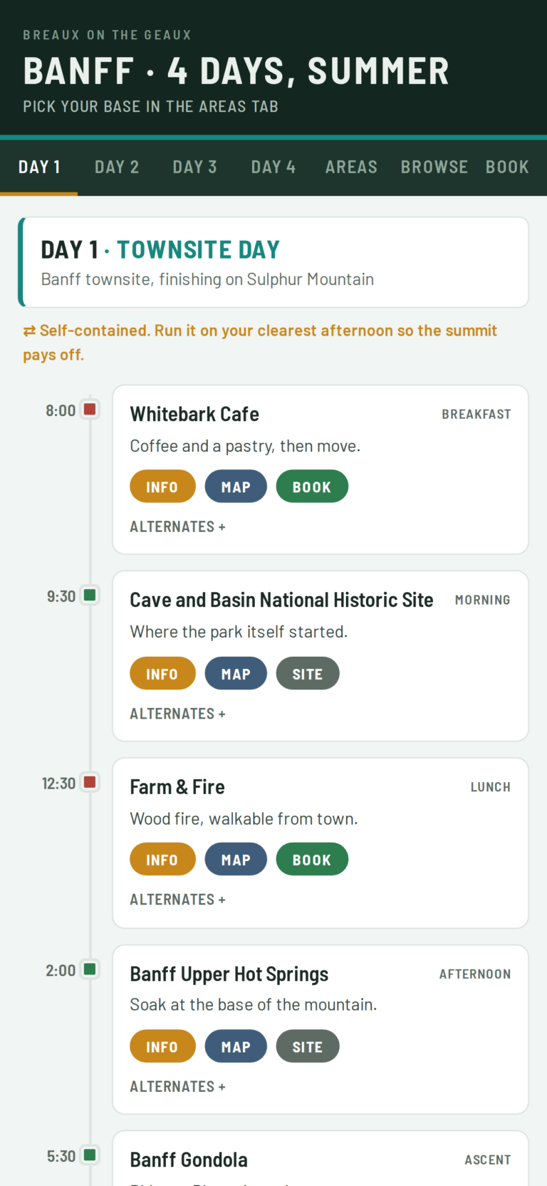 The Banff interactive travel guide open on a phone, showing the day-by-day plan