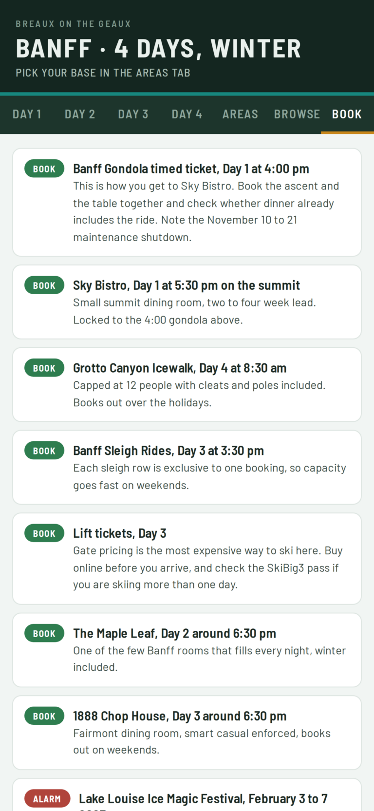 The Banff trip planner's Book tab, listing every reservation to lock in before the trip, including the Moraine Lake shuttle