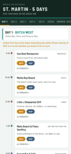 The interactive St. Martin itinerary open on a phone, showing a day-by-day plan with tap-to-book links for each stop