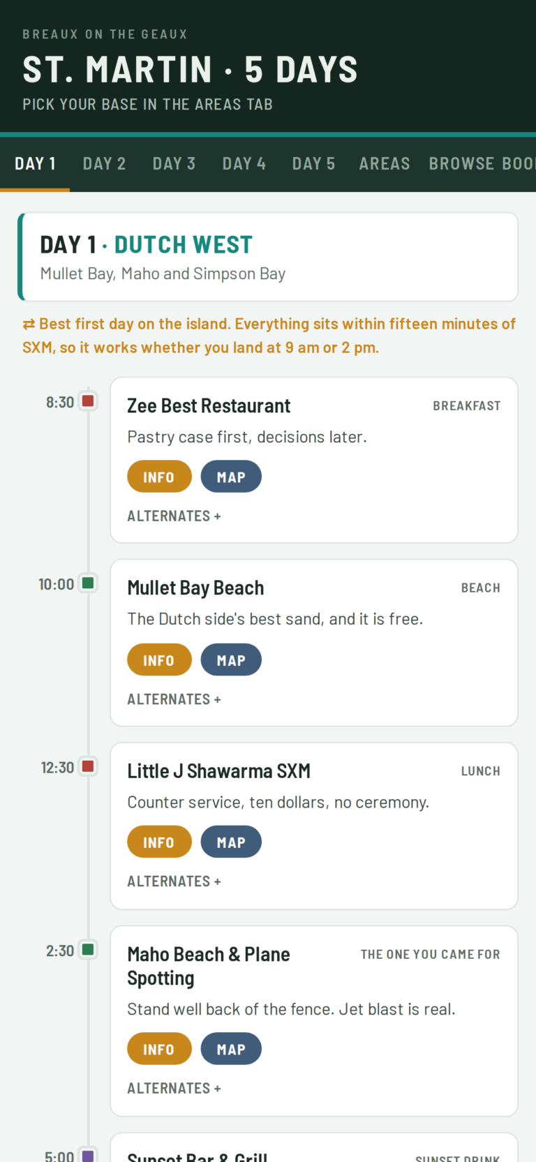 The interactive St. Martin itinerary open on a phone, showing a day-by-day plan with tap-to-book links for each stop