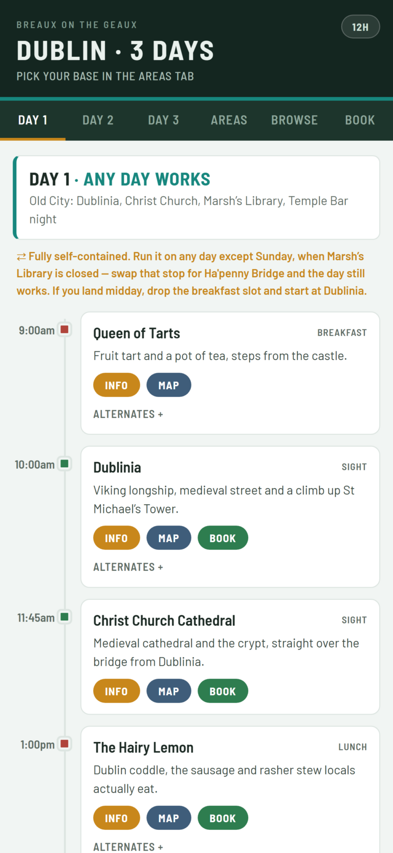 Day one of the Dublin itinerary listing Dublinia, Christ Church and Marsh's Library with booking chips