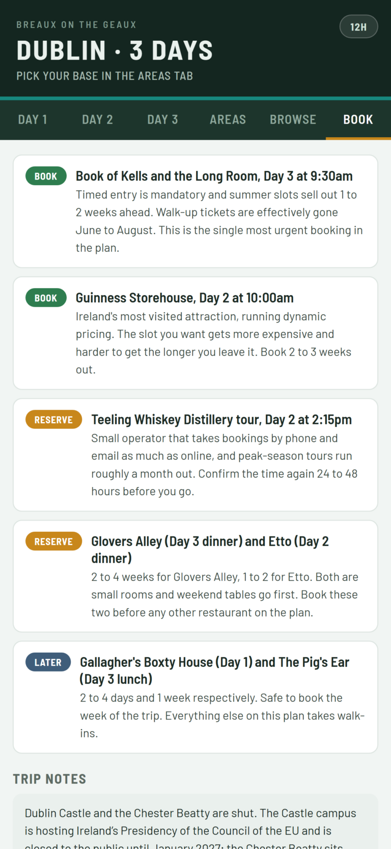 Tapping BOOK on a Dublin stop opens that venue's reservation page directly